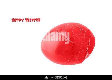 Cracked red painted natural chicken easter egg isolated on white background. Happy Easter decoration or card with text. Stock Photo