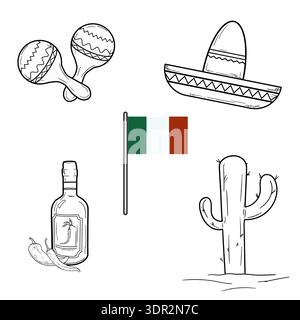 Sombrero, maracas, and cactus. Vector illustration. Mexican flag isolated on white background. Can be used to celebrate Mexican holidays. Stock Vector
