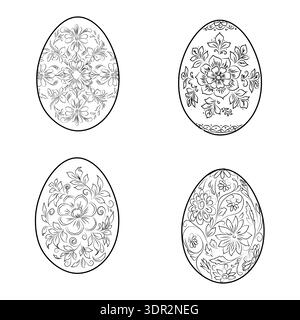 Easter egg with floral pattern, black and white sketch. Vector illustration. Collection of painted eggs, isolated on a white background. Concept of sp Stock Vector