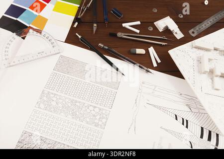 Collage of Design Materials on a Workspace With Tools for Creative Projects and Architecture Stock Photo