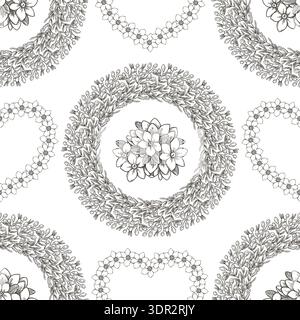 Flower seamless pattern with heart and circle shape wreath. Hand drawn vector outline design in vintage sketch style. Floral graphic print ideal for wallpaper. Perfect for holiday fabric and paper. Stock Vector