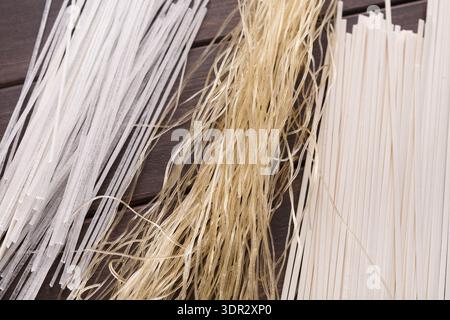 Variety of Dried Noodles and Rice Sticks for Preparing Various Dishes in a Collection Format Stock Photo