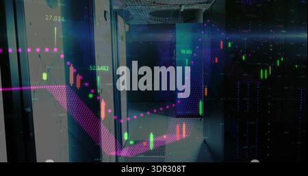 Showing server racks displaying candlestick charts in data center corridor, with magenta trendline Stock Photo