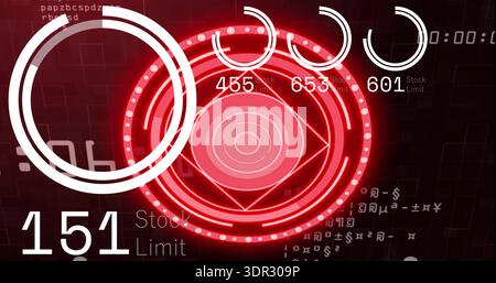 Displaying central red concentric HUD on dark grid, showing progress rings, LEDs, 151 stock limit Stock Photo