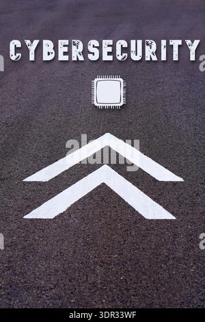 Cybersecurity concept. Word written on the asphalt in the shape of upward arrows indicating progress or growth Stock Photo