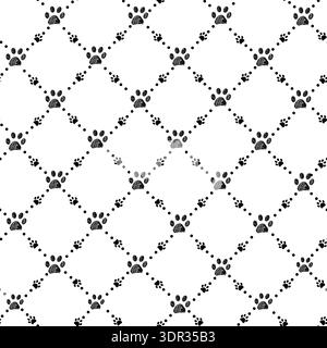 Black paw prints trace with dots plaid design seamless fabric pattern Stock Vector