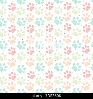 Pastel rainbow colors paw prints background. Seamless fabric design pattern Stock Vector