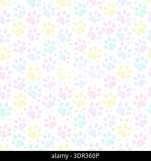 Kawaii pastel color paw prints background. Seamless fabric design pattern Stock Vector