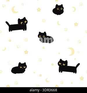 Cute black cats and moon and stars. Seamless fabric design pattern Stock Vector