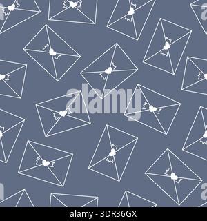 Envelopes with heart seals arranged diagonally. Seamless vector pattern in minimal line doodle style Stock Vector