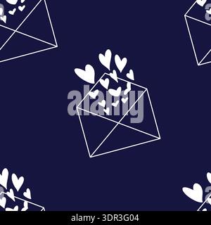 Open envelopes and flying hearts, whimsical minimal ink line art. Vector seamless Valentine pattern. Romantic doodle design Stock Vector