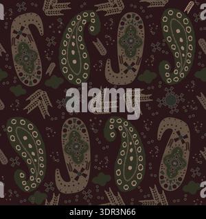 Paisley seamless fabric design pattern with brown background Stock Vector