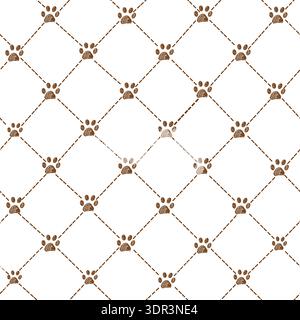 Brown paw prints plaid design seamless fabric pattern Stock Vector