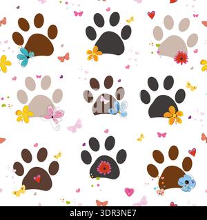 Paw prints with colorful flowers background. Seamless fabric design pattern Stock Vector