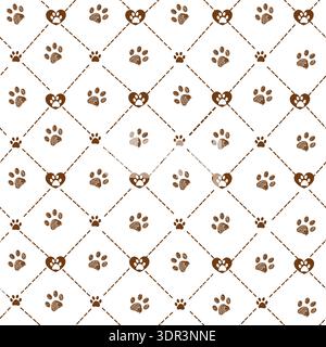 Brown paw prints plaid design seamless fabric pattern II Stock Vector