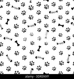 Black paw prints bone and fish background. Seamless fabric design pattern Stock Vector