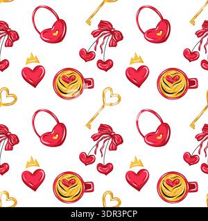 Seamless Valentine Day pattern with hearts, coffee cups, keys, bows and romantic symbols, vector in cute hand drawn cartoon style Stock Vector