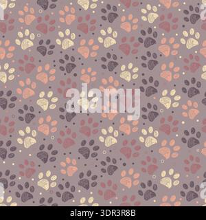Aesthetic color paw prints background. Seamless fabric design pattern Stock Vector