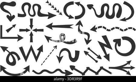 Simple black arrows of various shapes and types. Twisted direction. Navigation and orientation symbols. Right or left motion. Wavy and dotted lines Stock Vector