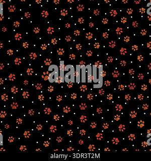 Orange colored paws and dots seamless fabric design pattern Stock Vector