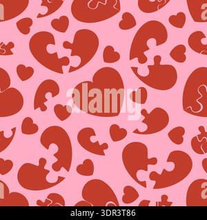 Red hearts in form of disassembled puzzle pieces seamless pattern. Romantic relationship. Divorce and broken love. Valentine repeated print. Wedding Stock Vector