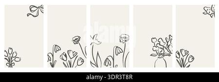 Minimal vintage floral poster set with hand-drawn line art flowers, tulips, wildflowers, bows and vase arrangements isolate on background. Wall art Stock Vector