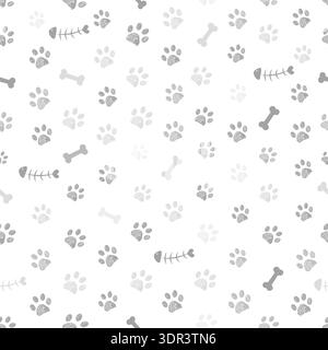 Grey colored paw prints, bones and fish bones background. Seamless fabric design pattern Stock Vector