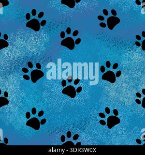 Black paw prints shining cool blue background. Seamless fabric design pattern Stock Vector