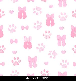 Aesthetic Pink Color paw prints and cute bows. Seamless fabric design pattern Stock Vector