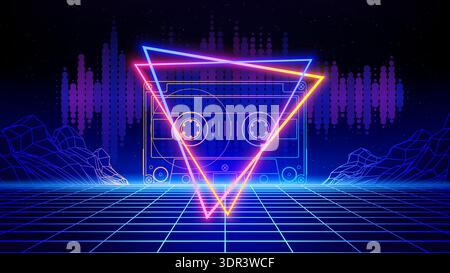 Retro futuristic abstract background. Synthwave 80s style poster. Neon triangle, compact cassette, 3d laser grid, audio signal waveform, wireframe Stock Vector