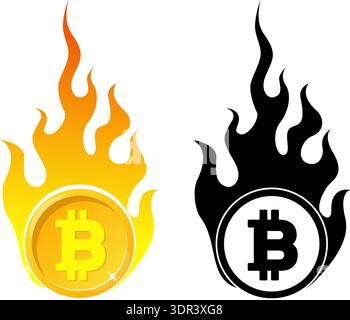 Golden Bitcoin coin in tongues of flame. Burning symbol of cryptocurrency. BTC gold token in fire. Black silhouette cash. Finance color sign. Banking Stock Vector