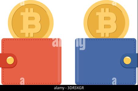 Hot and cold wallet for storing cryptocurrency or Bitcoin. Blockchain technology. Pouch with golden BTC token. Ecommerce cash. Fintech payment. Vector Stock Vector