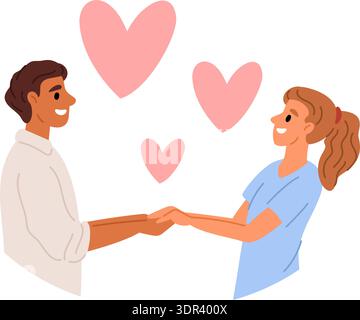 Couple in love. Man and woman holding hands. Romantic relationship. Passion between two happy people. Pink hearts. Boyfriend and girlfriend standing Stock Vector