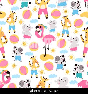 Cartoon animals seamless pattern. Giraffe and zebra at beach. Hippopotamus with flamingo play ball. Summer games. Repeated print. Funny characters Stock Vector