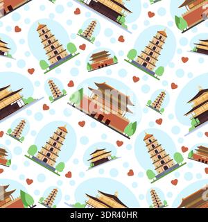 Beautiful oriental buildings seamless pattern. Landmarks of world. Ancient pyramids. Asian palaces and pagodas. Repeated print. Famous architecture Stock Vector