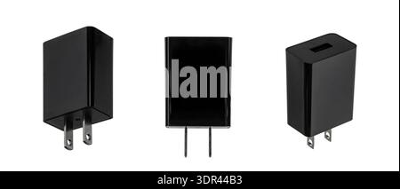 Three views of a black USB wall charger with a North American plug on white. Stock Photo