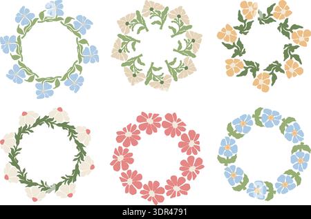 Abstract Organic Floral Wreaths Set. Matisse Flowers and leaves art. Isolated Minimalist Botanical Round Frames. Vector flat illustration with Empty C Stock Vector