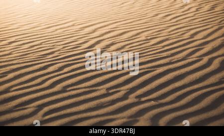 View of rippled sand dunes stretch across the arid landscape, sculpted by wind into rhythmic patterns of light and shadow, Senek, Mangystau Region, Ka Stock Photo