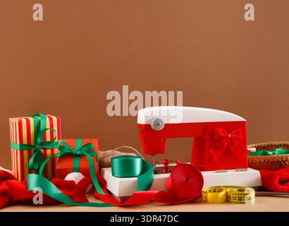 Collage of Sewing Tools and Decorations for Holiday Gift Wrapping and Crafts Stock Photo