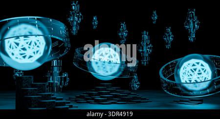 futuristic technology concept featuring blue glowing sphere with scientific research background quantum computer data processing network system innova Stock Photo
