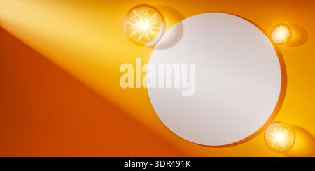 summer product display concept showing top view white circle podium on orange background with glass spheres for presentation mockup showcase 3d illust Stock Photo