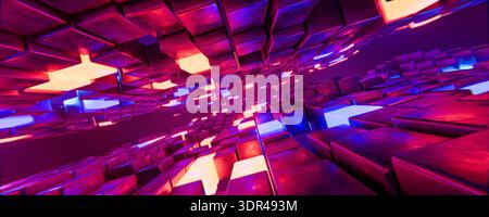 modern technology concept showing abstract tunnel of red and blue glowing cubes for digital data network background structure 3d illustration Stock Photo