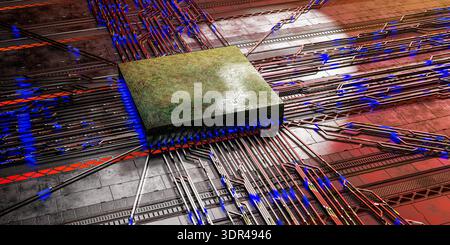 futuristic hardware concept showing computer processor chip on motherboard with red and blue neon lights circuit board technology 3d illustration Stock Photo