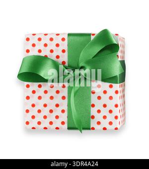 Cute Present Wrapped in White and Red With Green Ribbon on a Plain Background Stock Photo