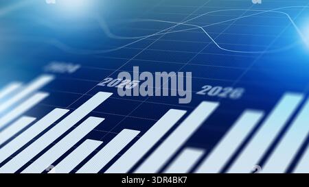Data chart shows trends from 2024 to 2028 with bar graphs and line graphs Stock Photo