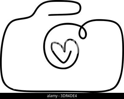 Minimalist vector line art depicting a camera with a heart inside, symbolizing personal photography, creativity, the joy of capturing moments Stock Vector