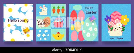 A set of Easter cards, website banners, posters, flyers, and covers. A trendy, modern design featuring cute bunnies, hand-drawn flowers, and Easter eg Stock Vector