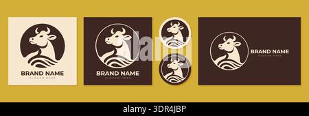 Cow head logo set vector illustration for dairy farm and organic meat butchery branding. Stock Vector