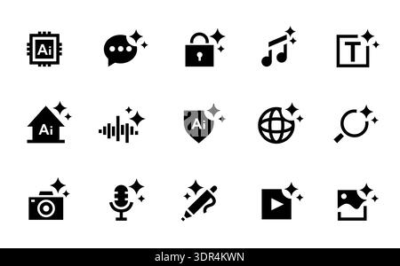 AI generate icons with magic sparkles and security shield for chatbot software UI, generative music, text editing, voice and video, image creation Stock Vector
