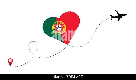 Airplane flight route with Portugal flag inside the heart. Stock Vector